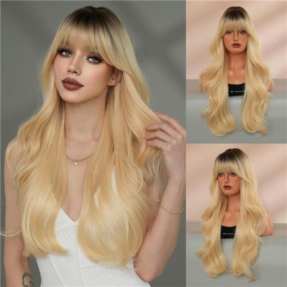 WIGS Long Wavy Blonde Wig with Bangs 28inch Platinum with Dark
